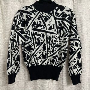 80s Vintage Ossi Skiwear Ski Sweater Wool Blend Mock Neck Geometric Black White
